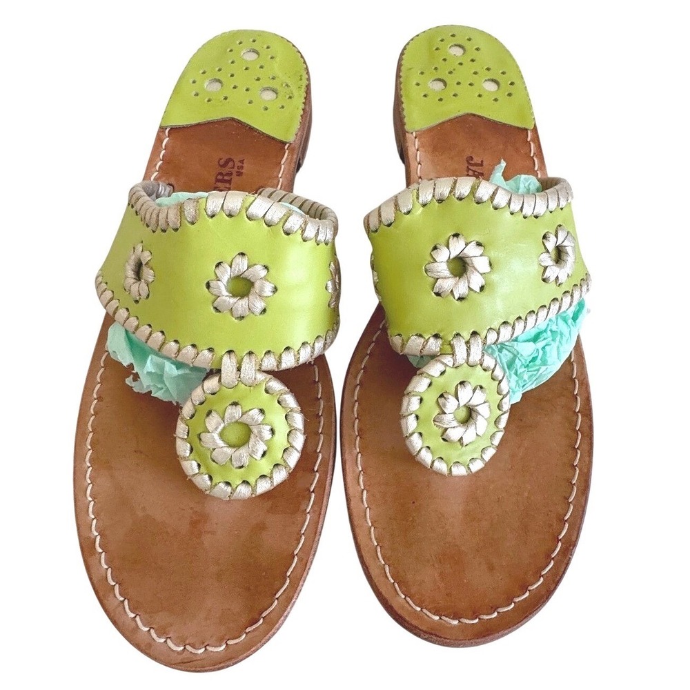 Jack Rogers Thong Sandals Size 8M Lime Green Silver Whipstitch Coastal Preppy